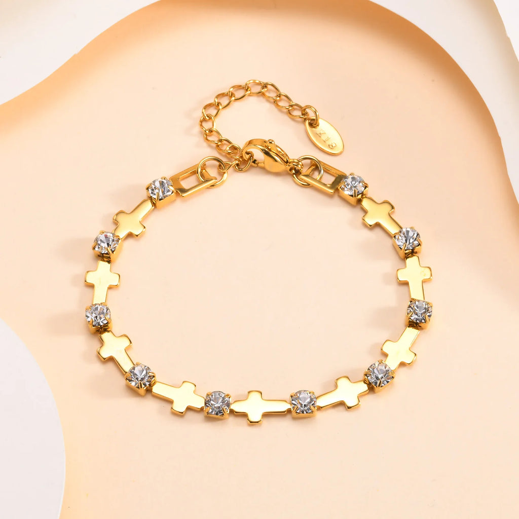 Zirconia Cross Bracelet For Women'S, Stainless Steel 18K Gold Plated Non Tarnish Stylish