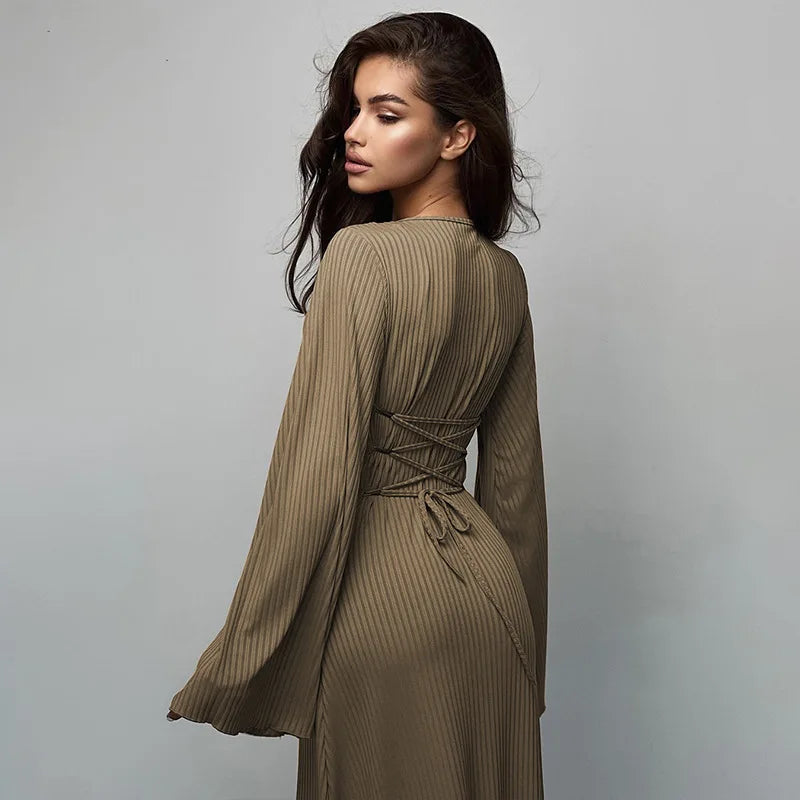 Women's Flare Sleeve Maxi Dress – Slim Fit Lace-Up Floor-Length Gown