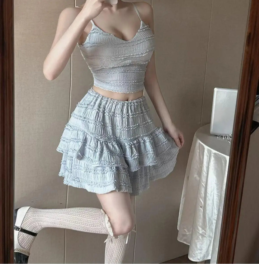 Ballet Style Puffy Short Skirt Women Summer Lace Crop Top Design Sensation Half Skirt Pure Desire Sweet And Spicy Set