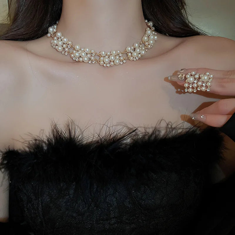 3 Pcs Rhinestone Pearl Rectangular Earrings Necklace Set Two-Piece Vintage Choker Accessory Light Luxury Jewelry Sets Wedding