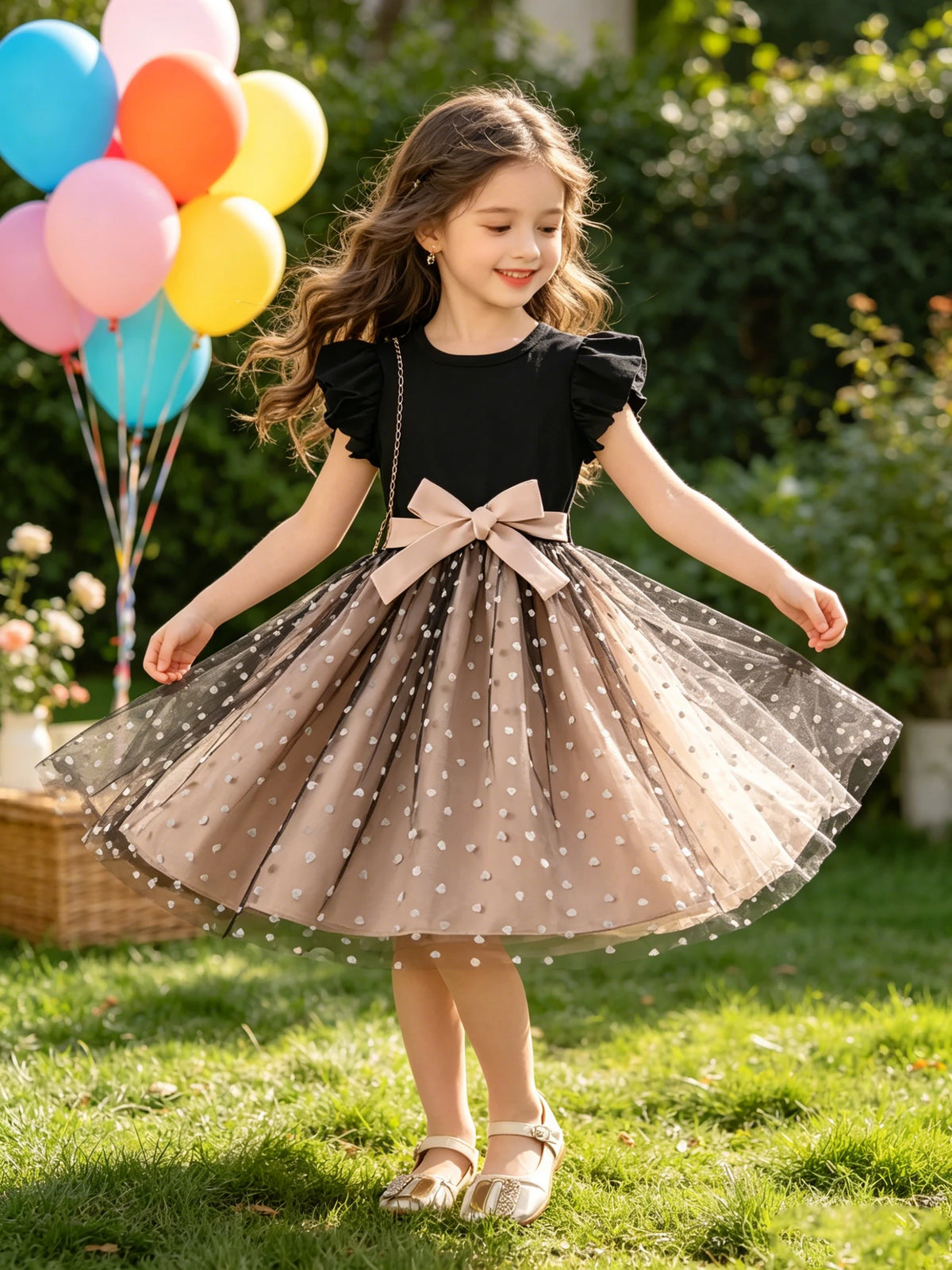 Princess Skirt Children's Dress Casual Elegant Summer Short Sleeve Ruffled Heart-Shaped Mesh Belt Bow Tie Waist Belt
