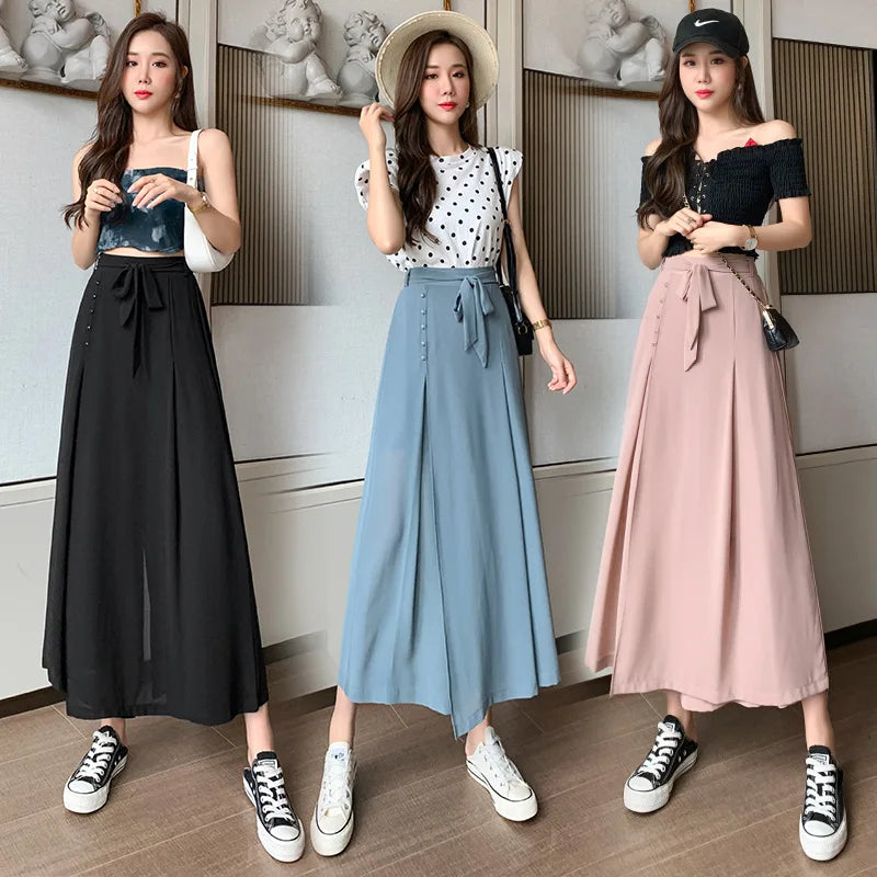 Summer Elastic Pleated Skirt Women Chiffon Trouser Skirt High Waist Casual Wide Leg Pants Fashion Streetwear Pants Pantalones