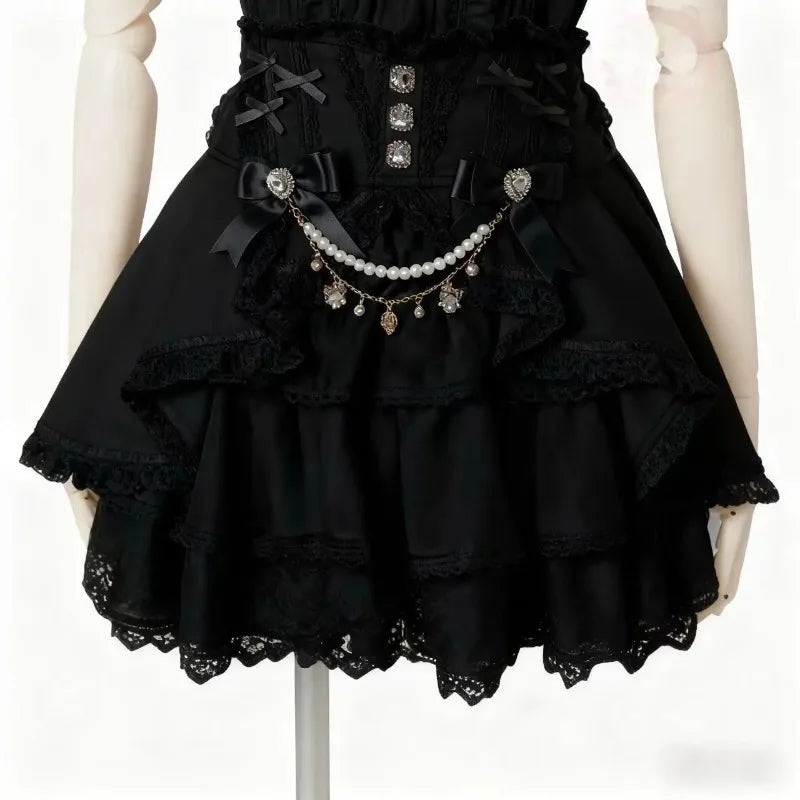 Sweet Kawaii Gothic Lolita Skirt Women Lace Ruffle High Waist Tiered Skirt with Bow Pearl Chain Decor Cute A-line Mini Skirt
