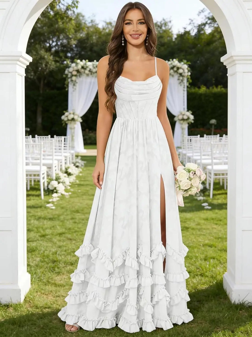 Women's Chiffon Jacquard Spaghetti Strap Floor Length Formal Evening Gown For Wedding Guest Prom Party Bridesmaid Dress