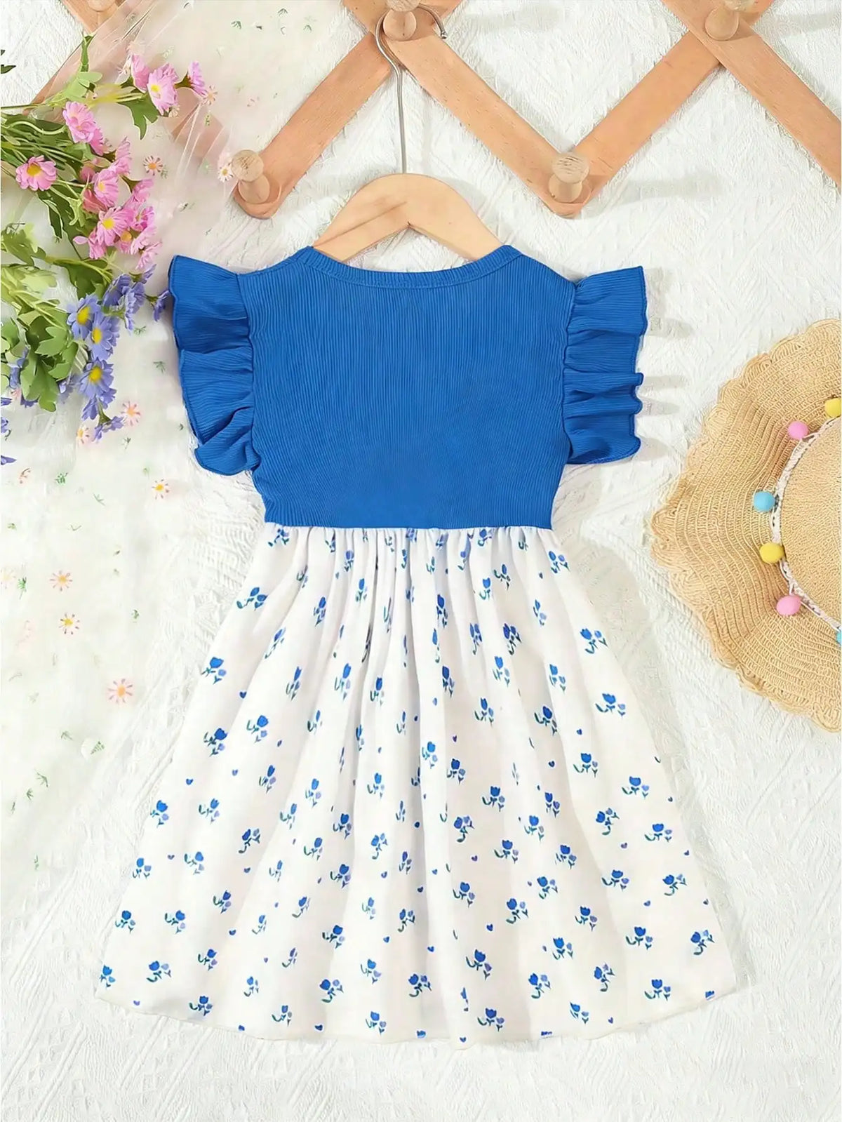 Summer Style Girls' Sleeveless Round Neck Flying Sleeve Pink Printed Dress, Cute Outfit, With Belt