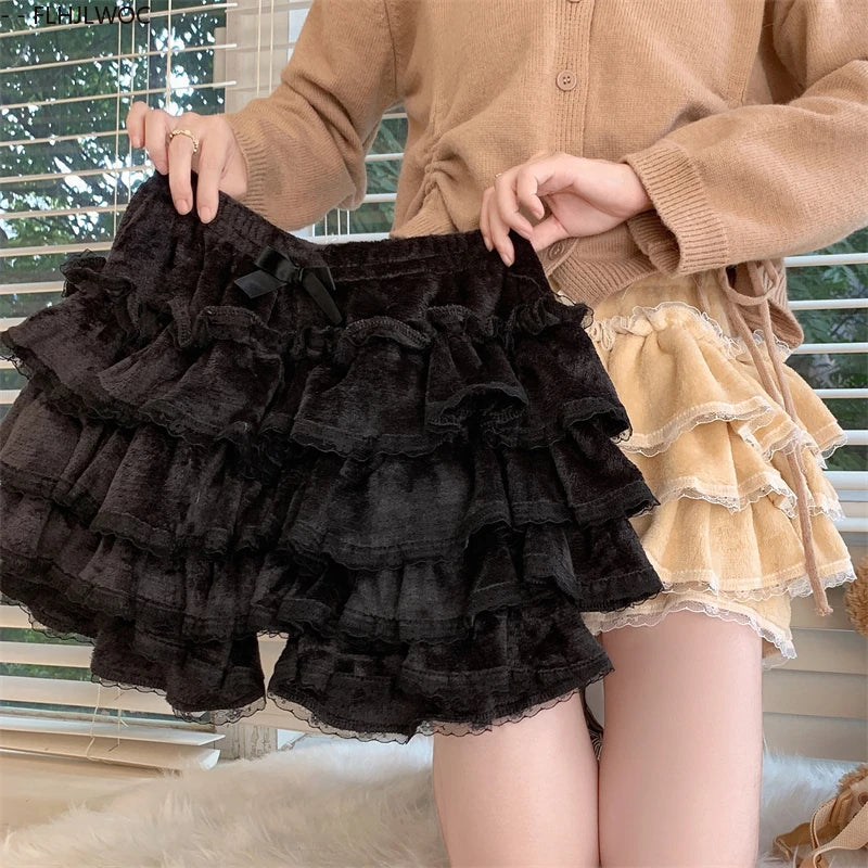 Autumn Velvet Bloomers Lolita Style Girls Cute Japan Sexy Lace Date Princess Pink Layer Puff Shorts Ruffles Lantern Small Pants