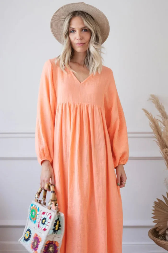 100% Cotton Gauze Muslin Night Dress For Women Sexy V-Neck Long Sleeve Maxi Party Birthday Dress Beach Boho Sundress