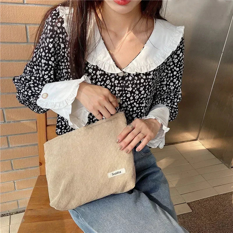 Soft Large Cosmetic Bags Women'S Neceser Makeup Toiletry Bag Fashion Travel Make Up Bag Corduroy Brush Pencil Organizer Case