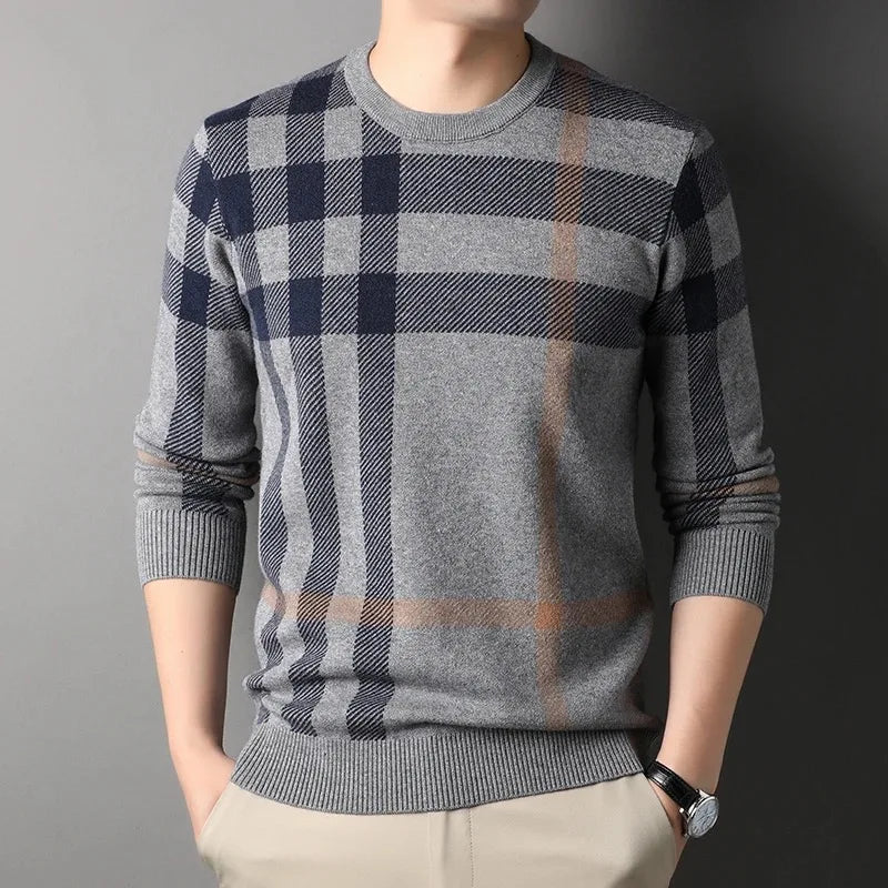 High End Luxury Pullover Men Autumn Winter Designer Brand Round Neck Striped Wool Sweater European Fashion Casual Warm Knitwear