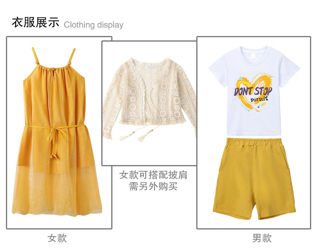Vacation Family Matching Outfit Beach Mother‑Daughter Girls Yellow Maxi Dress Father‑Son Tops Shorts Sets Holiday Couple Clothes