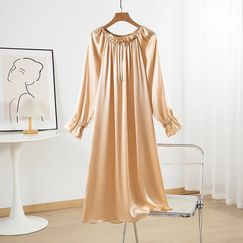 100% Mulberry Silk 16 momme Charmeuse Silk Purple Color Long Sleeve Sleep Dress Sleepwear Nightdress Nightgown QQ068