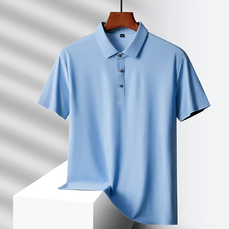 Summer Ice Silk Quick Drying Loose Polo Shirt Middle Aged Men's Solid Lapel Button Simple Versatile Casual Thin Short Sleeve Top