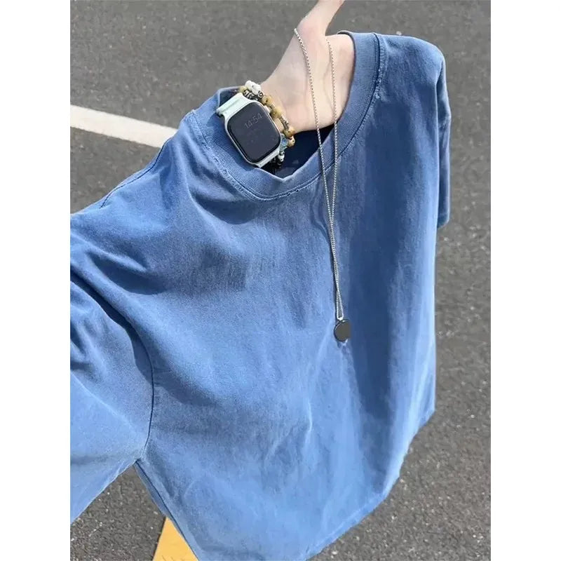 Men's Vintage Washed Blue T-Shirt Short Sleeve Oversized Casual