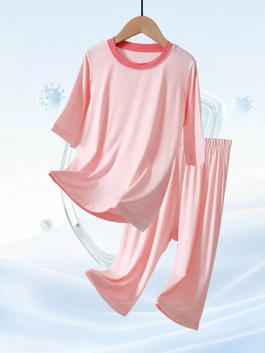 2026 Summer Thin Children Pajamas Contrast Color Soft Cooling Pajamas for Girls 10A Antibacterial Boys Sleepwear