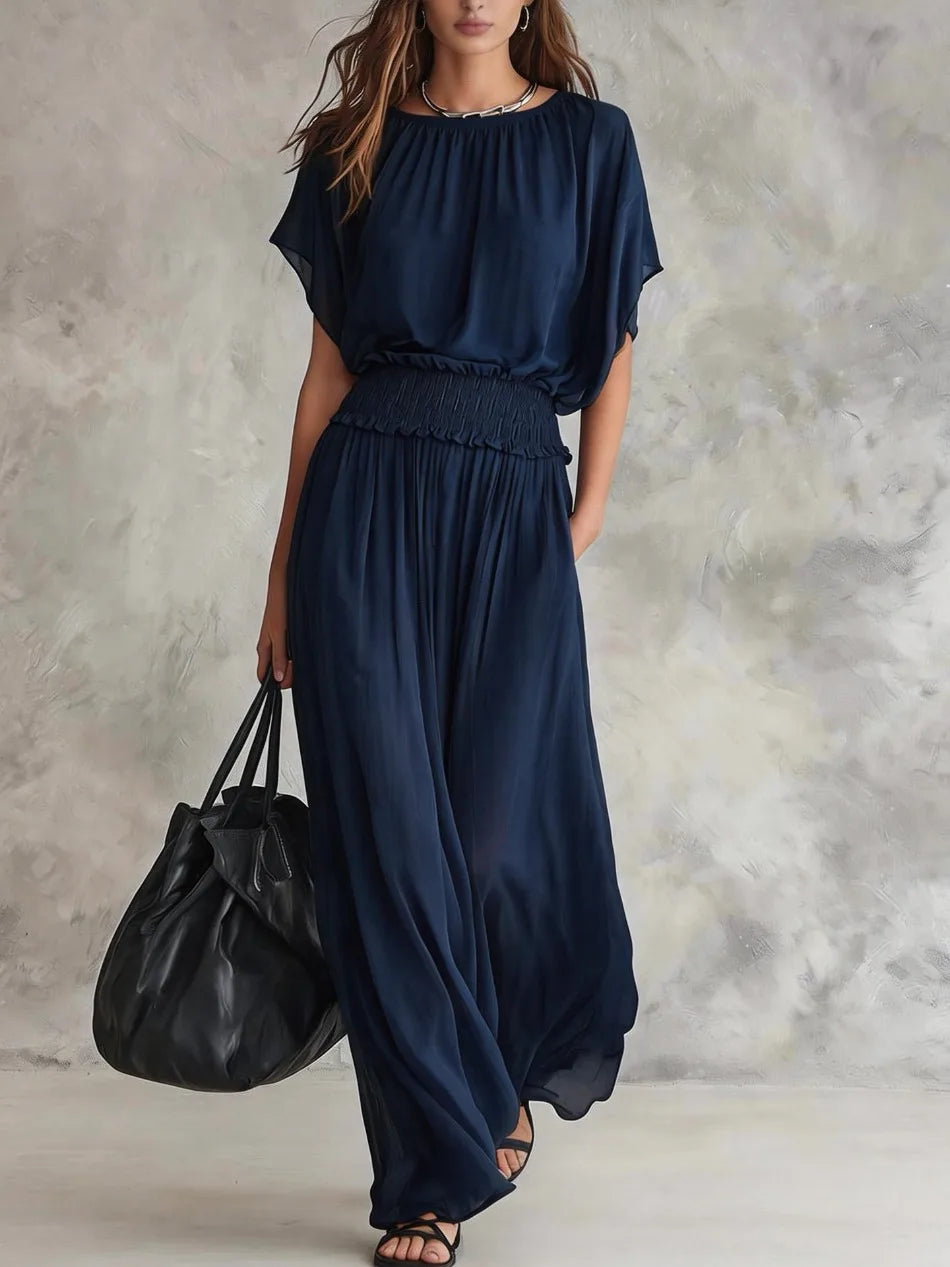 Elegant High-Waisted Loose Dress for Women Summer Fashionable Casual O-Neck Batwing Short Sleeve Waist-Cinching Elegant Women's