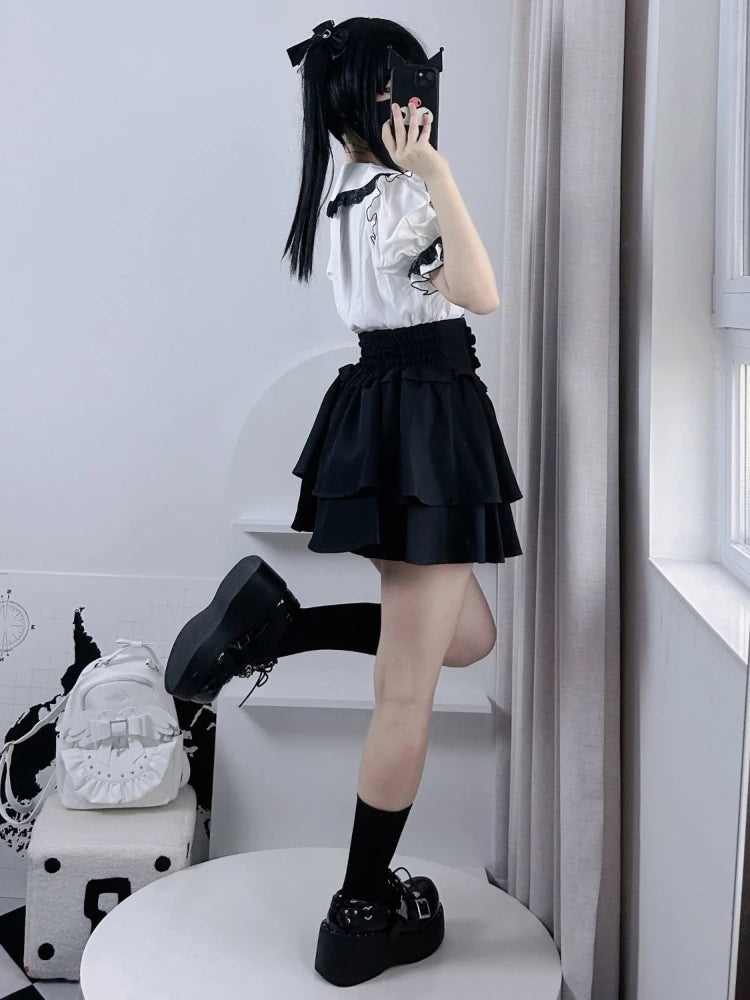 Japanese Cute Sweet Y2k Lolita Cake Skirt Women Hight Waist Rhinestone Plaid Ruffled Layered Skirts Kawaii A-Line Mini Skirts