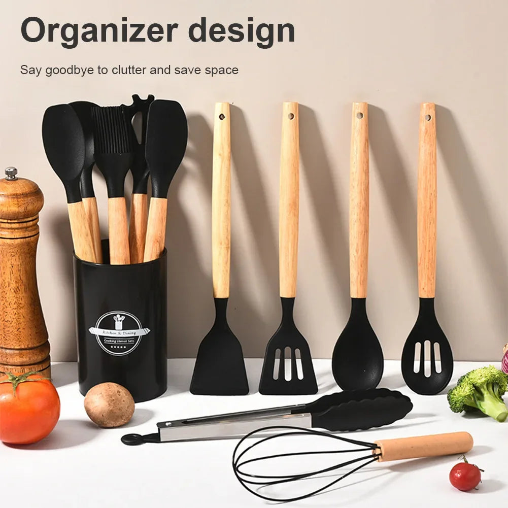 12Pcs Kitchen Utensil Set Silicone Spatula Set Wooden Handle Cooking Tools Kit with Holder Heat-Resistant Cookware for Kitchen