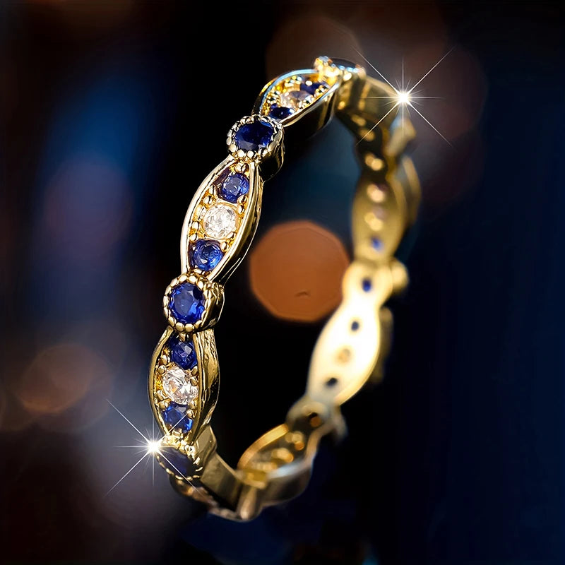 Huitan Exquisite Women Thin Ring with Blue/White Cubic Zirconia Daily Party Luxury Trendy Female Rings Gold Color Twist Jewelry