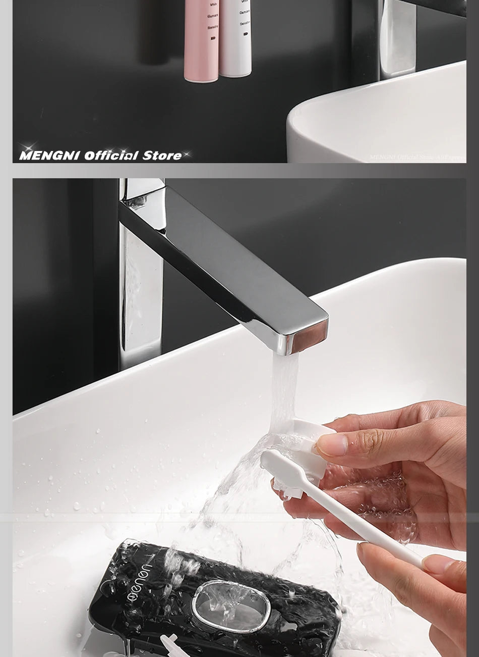 MENGNI Dispensador de pasta dental montado en la pared, exprimidor de pasta dental para baño sin perforaciones, soporte para cepillos de dientes, funcionamiento manual