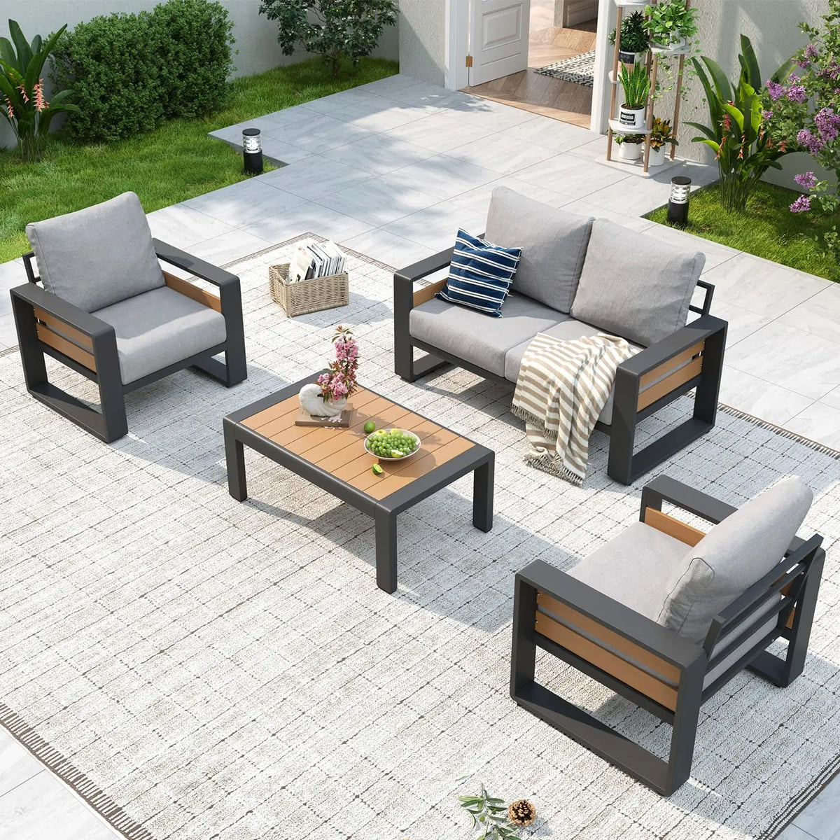 Aluminum Outdoor Sectional Sofa 4-Piece Patio Furniture with Olefin Cushions & Waterproof Cover for Backyard, Customized