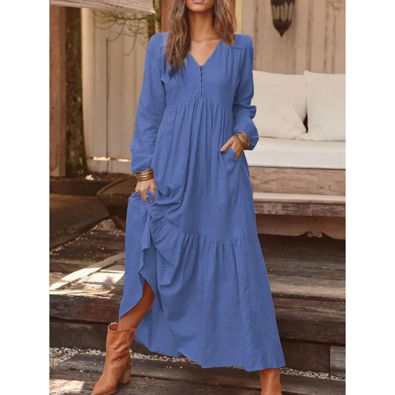 Loose Long Sleeve Cotton Linen Dress Retro Button Spring Autumn Vacation Women Skirt