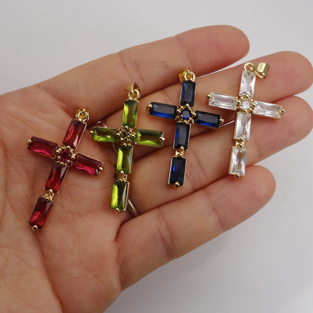 24*37Mm Mix Color Cross Pendant Brass Microlaid Cubic Zirconium Gold Plated Charm Pendant Making Necklaces For Women'S