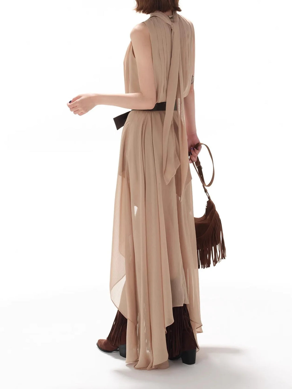Elegant Casual Sleeveless Chiffon Vest Dress Original Design Long Skirt Drifting Hemline Polyester Fabric Shirt Pattern Stitc...