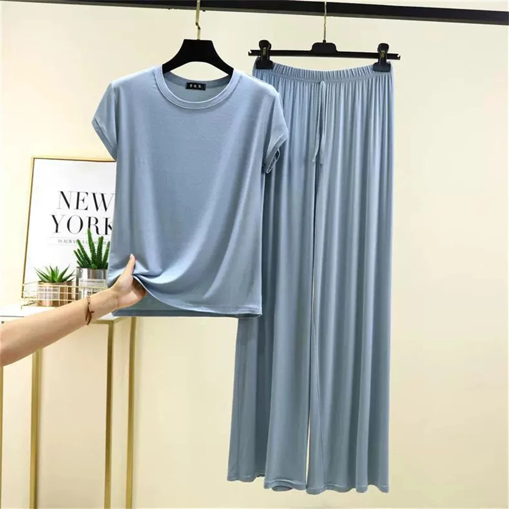 2025 Oversized M to 6XL Short Sleeve Tshirts and Wide leg pants Solid color Summer Modal Pajamas sets Casual homewear 2pcs suit