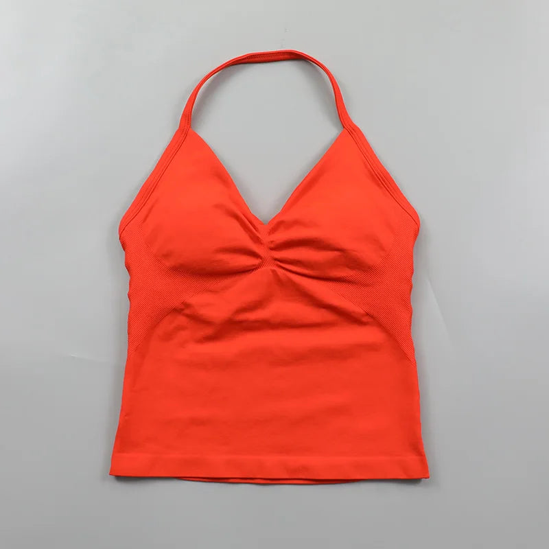 No Logo Longline Strappy Top Women Seamless Yoga Tank Top Ruched Backless Gym Clothes Workout Sleeveless Shirt With Built In Bra