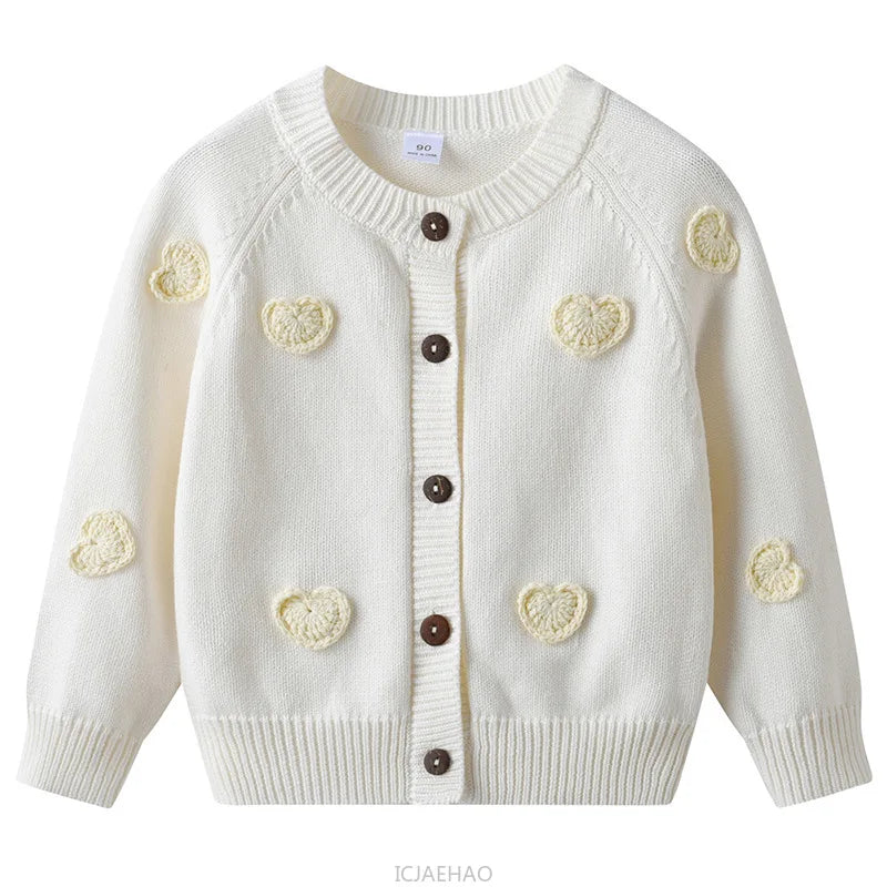 Teen Girl Clothes 2025 Children New Korean Cardigan Girls Knit Jacket Spring Autumn Outfit Style Costume Handmade Heart DIY Kids