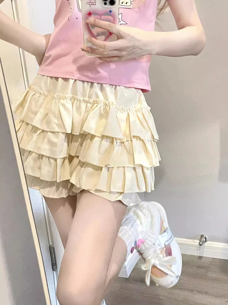 Pastel Tiered Ruffle Mini Skirt with Built-in Bloomer Shorts Layered Frill Skort Women Soft-Girl Kawaii Lolita Jirai Kei Sukapan