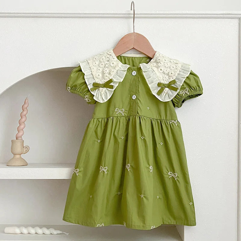 Girls Bow Princess Dress | Puff Sleeve Embroidery Party Dress