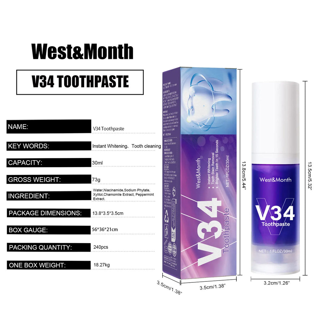 V34 Teeth Whitening Toothpaste 30ml Intensive Stain Remover for Yellow Teeth Plaque RemovalFresh Breath Oral Care Gum Protection
