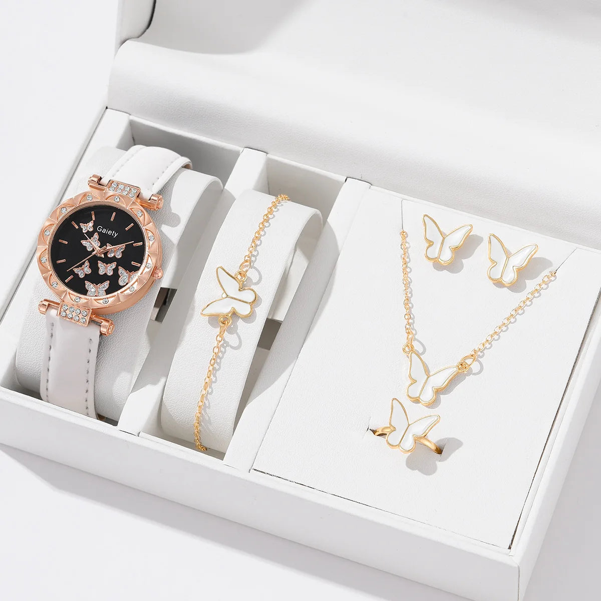 Butterfly Jewelry Set For Women Elegant Leather Watch Ring Necklace Earrings Bracelet Wedding Gift