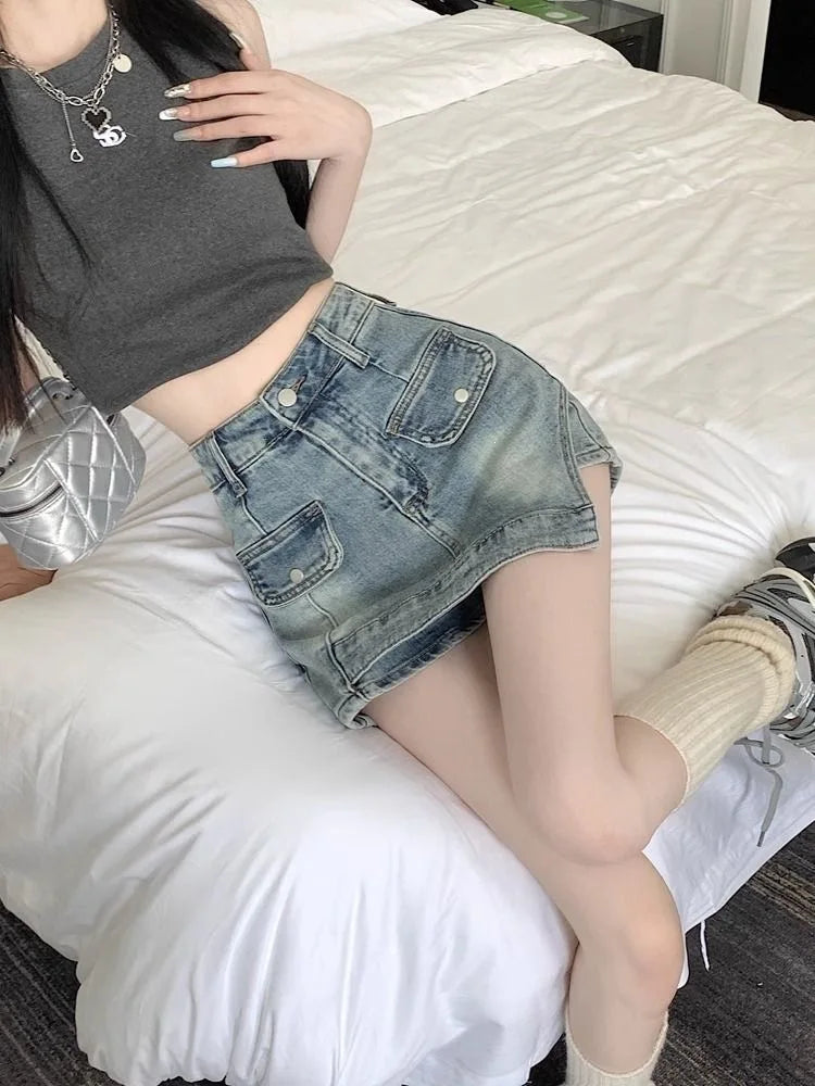 Retro Spicy Girl Uneven Denim Mini Skirt High Waist Slim Fit Women's Summer New Style Short Skirt Bodycon Skirt New Style