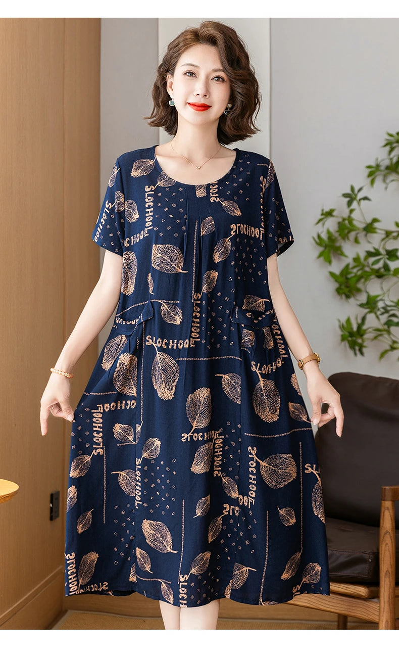 New 2025 Summer Dress Long Vintage Loose Women Elegant Sundress Dress Casual O-neck Dresses Print Plus Size