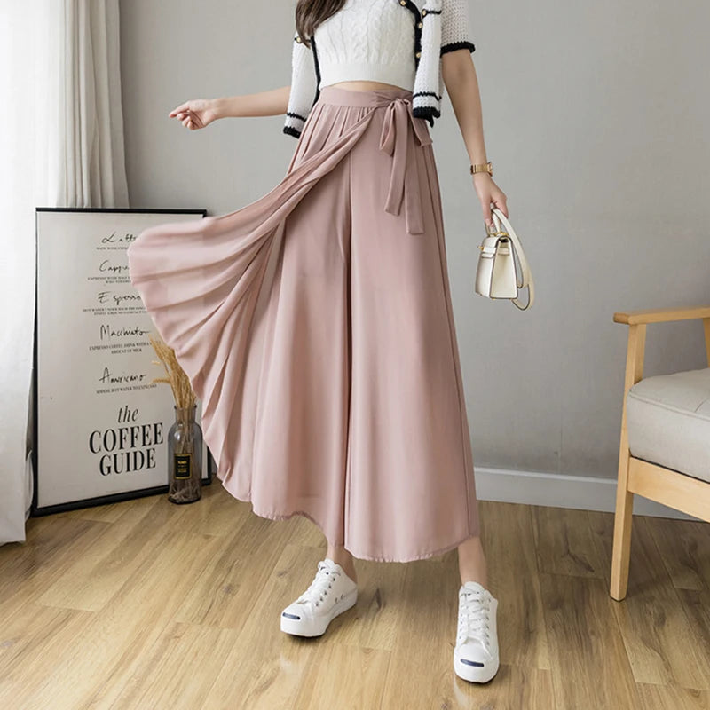 Summer Elastic Pleated Skirt Women Chiffon Trouser Skirt High Waist Casual Wide Leg Pants Fashion Streetwear Pants Pantalones