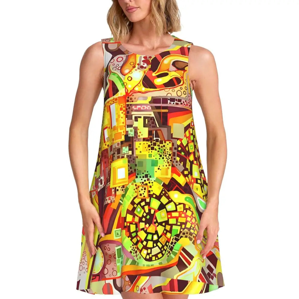 80s Color Block Print Dress Modern Dresses Female Sleeveless Street Fashion Tank Dress Day Print Oversized Vestidos
