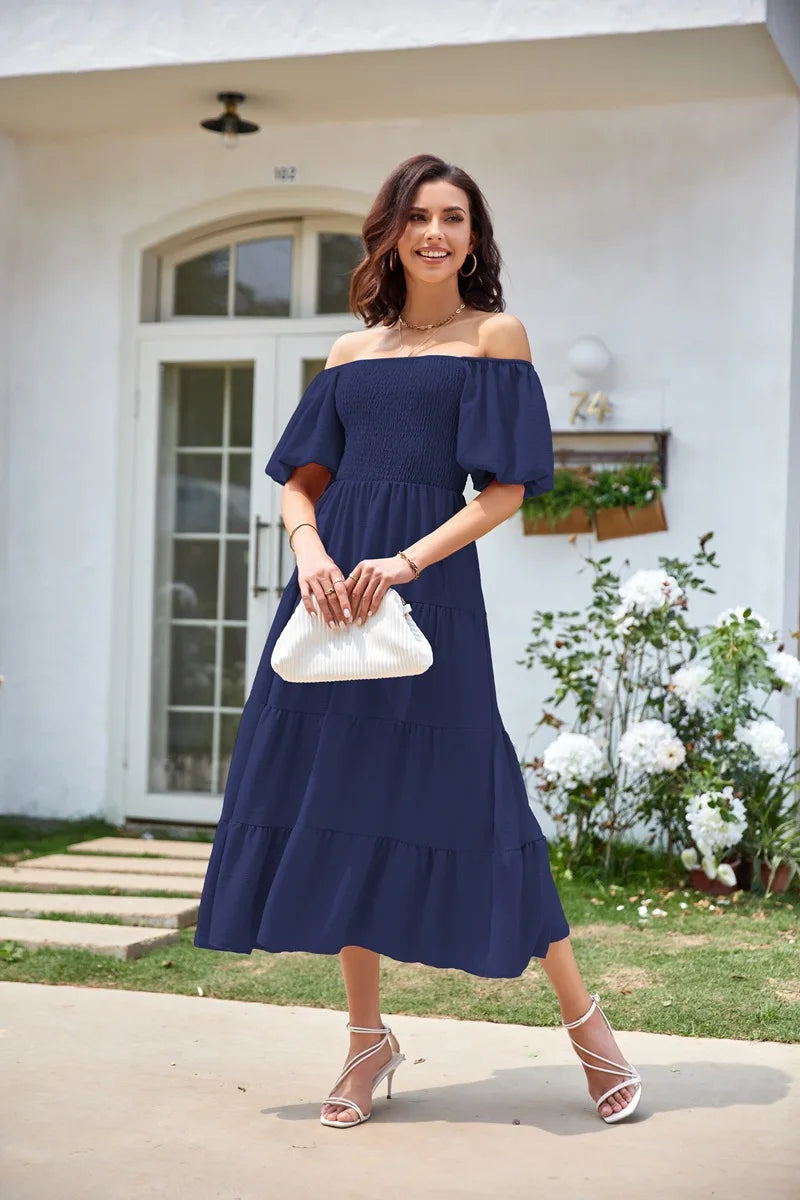 2026 Spring Summer Elegant Women's Long Dress Fashionable Solid Color Square Neck Puff Sleeve Pleated Slim Fit Loose Hem Dress