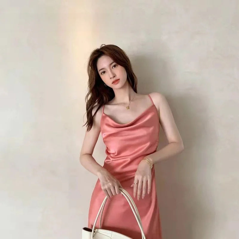 Slimming A-Line Midi Dress Women's Summer 2026 New Style Drapey Strapless Gown Gentle Wind Long Dress Polyester Solid Color