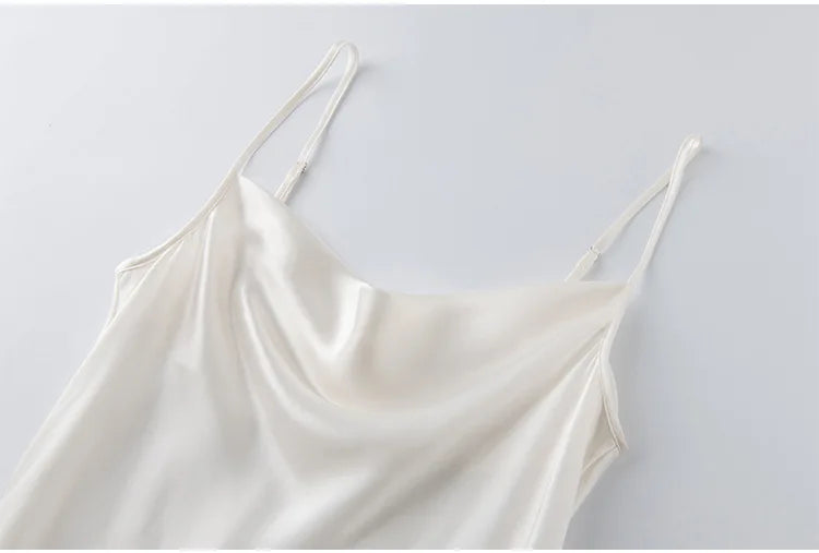 Women's Summer New Style French 100% Natural Mulberry Silk Plain Satin Swing Collar Temperament Camisole Slim Fit Party Dress