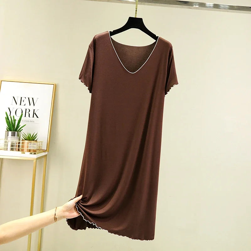 Loose Casual Modal Short Sleeve Dress V-Neck Base Skirt Thin Summer Floral Edge Sleep Dress Versatile Summer Dress