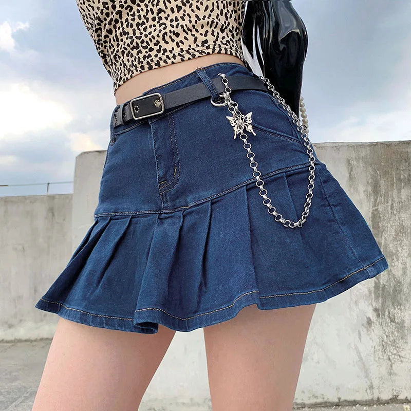 Summer Women Y2k High Waist Mini Skirts Girls Korean A Line Denim Pleated Dress Female Fashion Punk Blue Harajuku Jeans Skirts