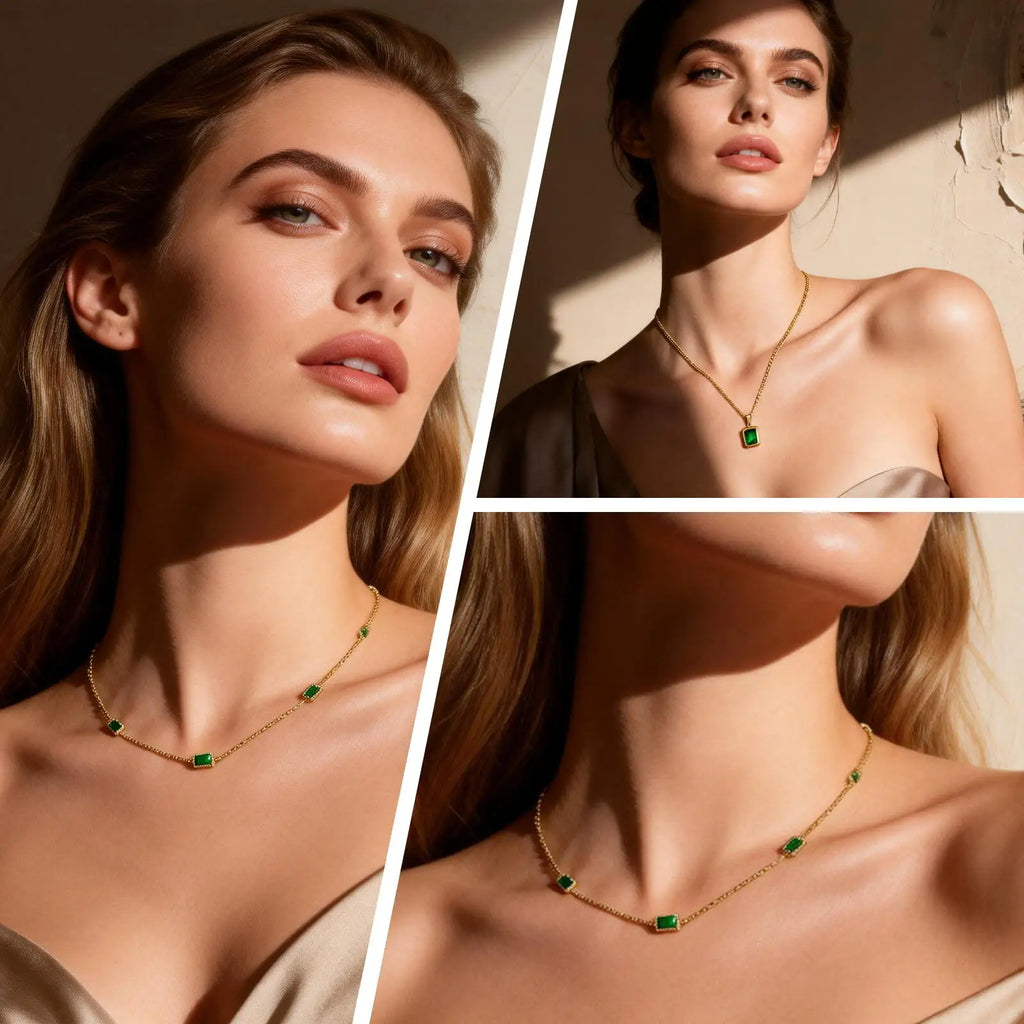 Retro Green Zircon Pendant Necklace For Women'S, Crystal Stone Chain Stainless Steel Gold Plated Luxury Birthday Gifts