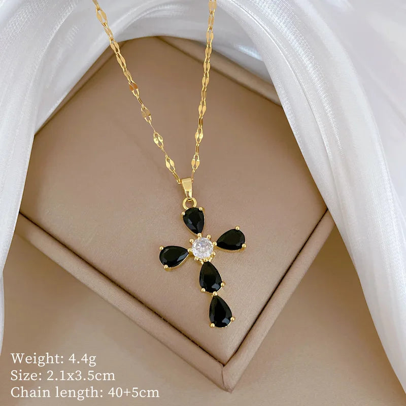 Full Zircon Cross Necklace For Women'S Gold Color Anti-Tarnish Titanium Steel Jewelry