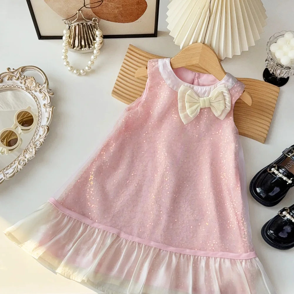 Bear Leader Bow Decoration Pink Girls Dress Summer New Sleeveless Mesh Sequin Princess Dresses Birthday Party Kids Clothes