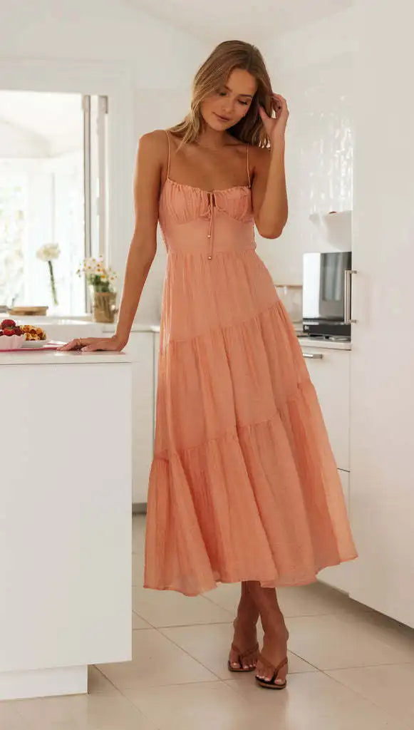 Women Spaghetti Strap Front Tie Tiered Flowy Backless Maxi Dress