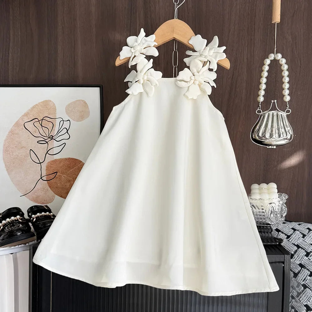Korean Version 2 3 4 5 6 7-year-old Solid Color Girls' Casual Clothes Summer 3D Flower Princess Dress Fashionable and Elegant