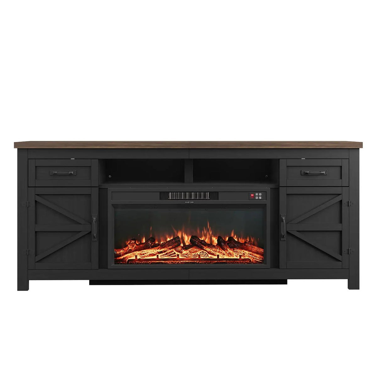 80" Black TV Stand With Sliding Barn Door & Fireplace Insert, Modern Living Room Media Console, Customized
