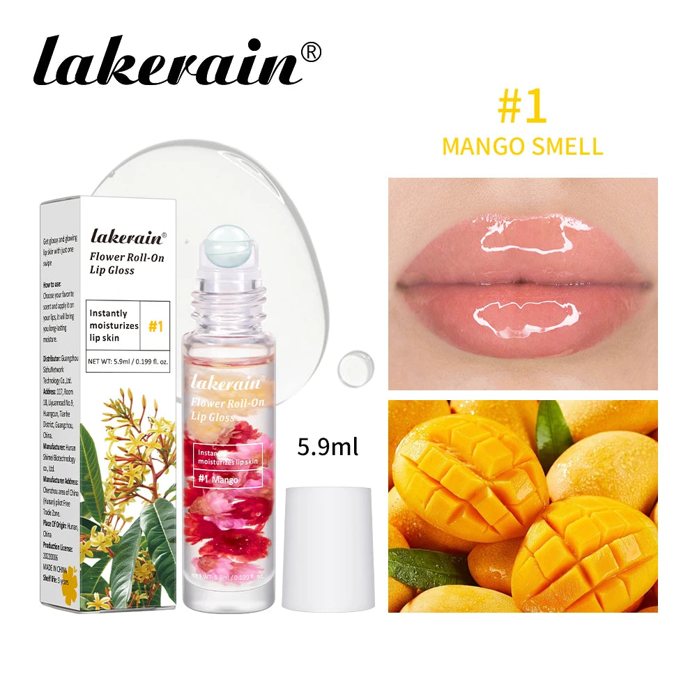 Lakerain Flower Roll-On Lip Gloss Fruit Flavor Sweet Taste Soften Lip Skin Long Lasting Gloss Deep Moisturizing Bright Gloss